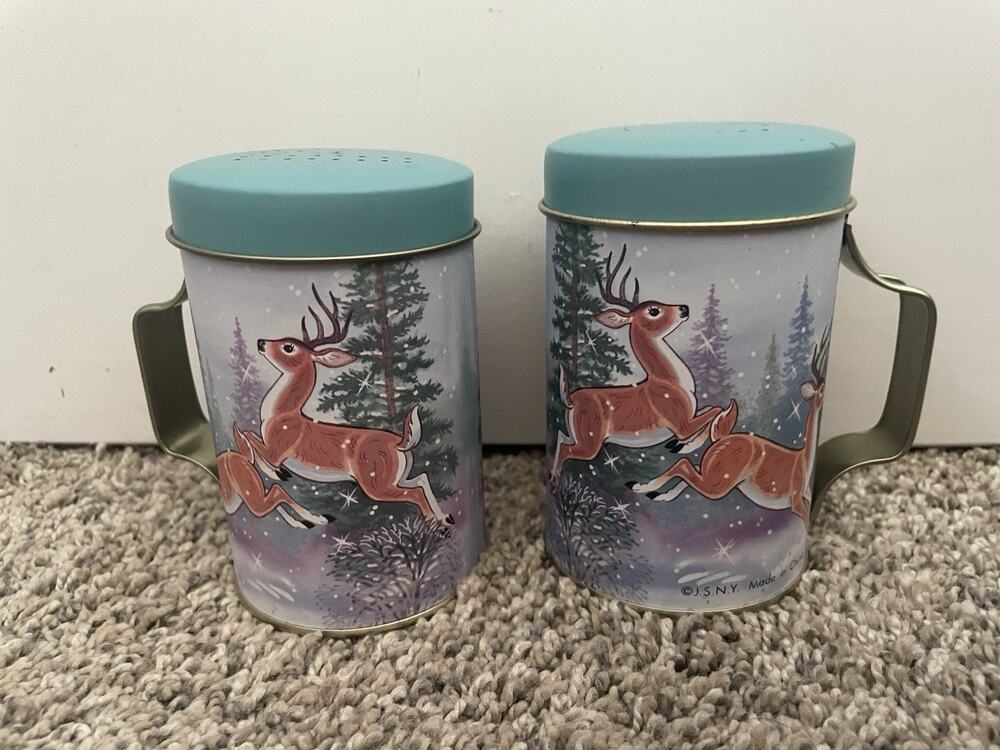 Vintage Winter Deer in Snow Tin Salt and Pepper Shakers by JSNY